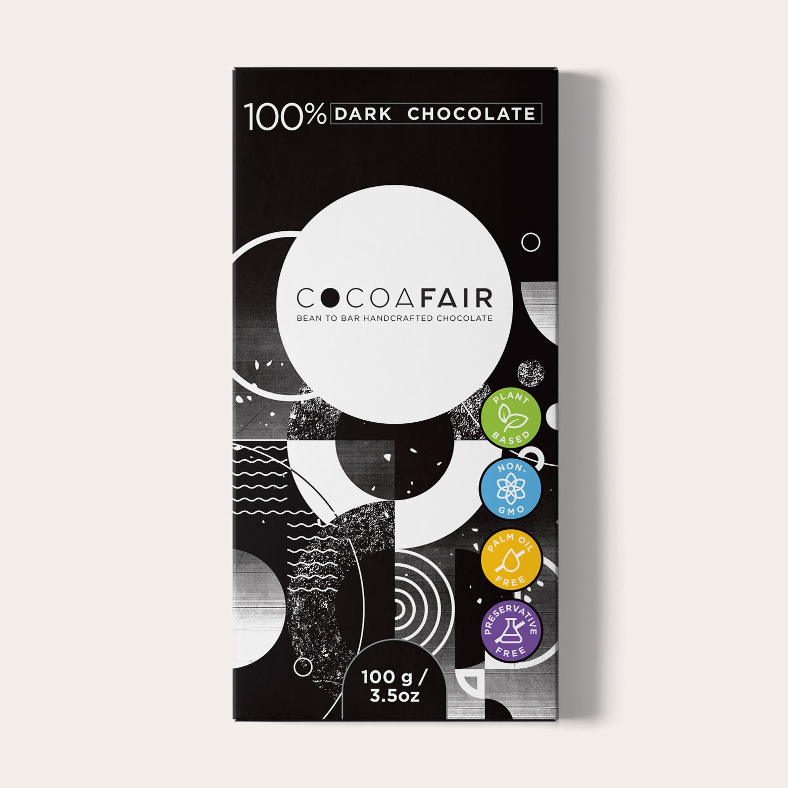 COCOAFAIR 100g 100% Dark Chocolate Packaging shot - Front view, Black packaging on white background