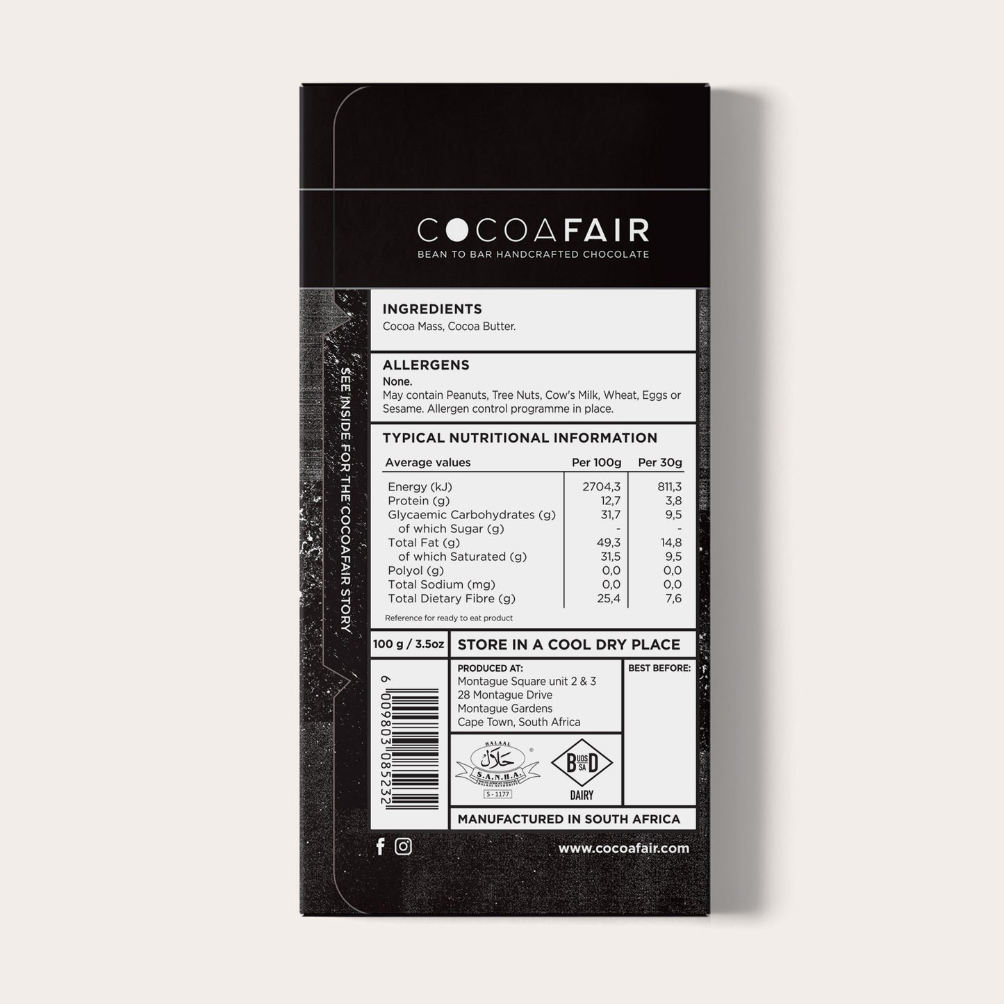 COCOAFAIR 100g 100% Dark Chocolate Packaging shot - Back view, Black packaging on white background