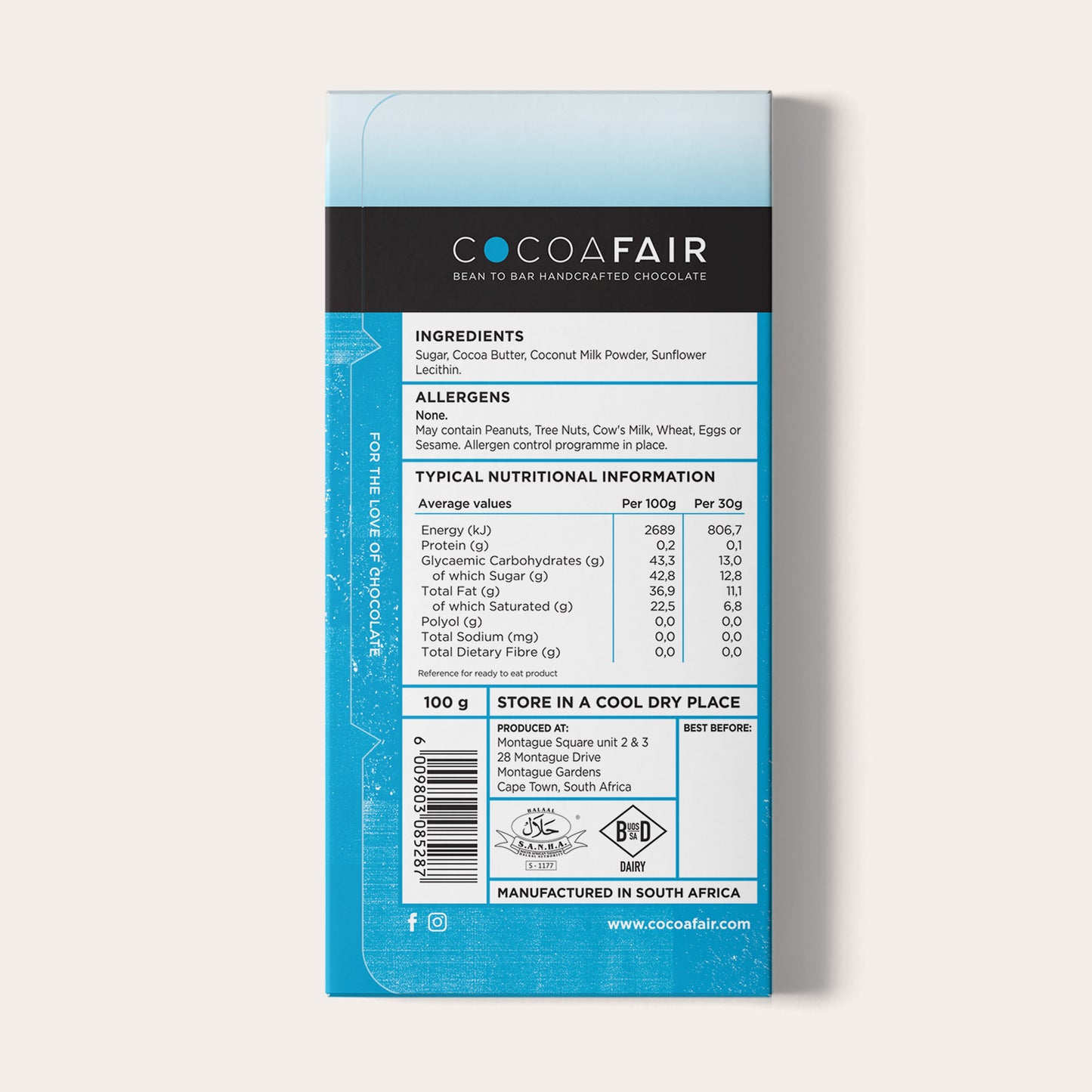 COCOAFAIR 100g 35% White Chocolate Packaging shot - Back view, Blue packaging on white background. Vegan Chocolate