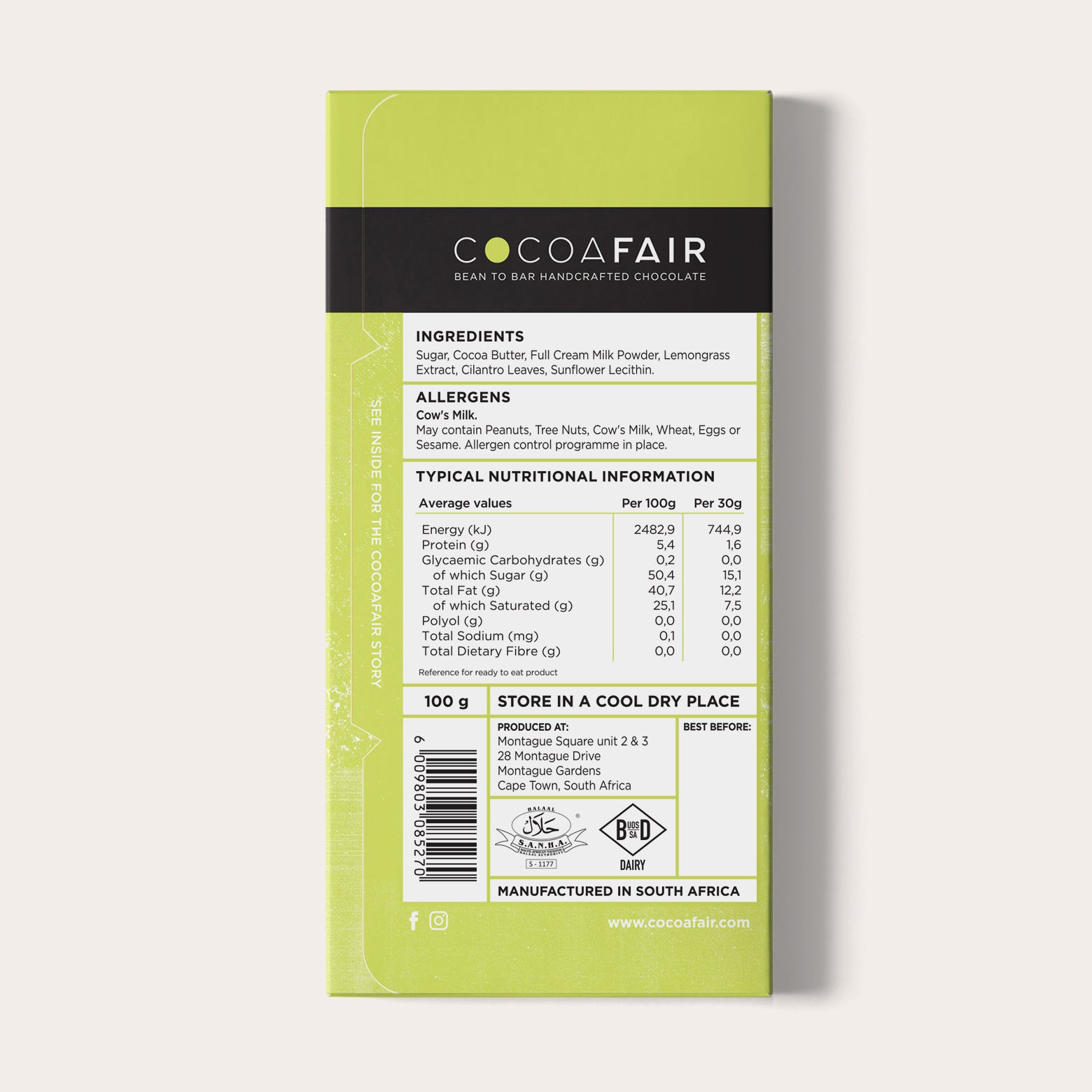 COCOAFAIR 100g 35% White Chocolate Packaging shot - Back view, Lime packaging on white background. Lemongrass & Cilantro flavoured chocolate