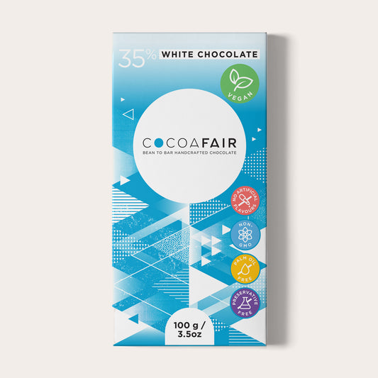 COCOAFAIR 100g 35% White Chocolate Packaging shot - Front view, Blue packaging on white background. Vegan Chocolate