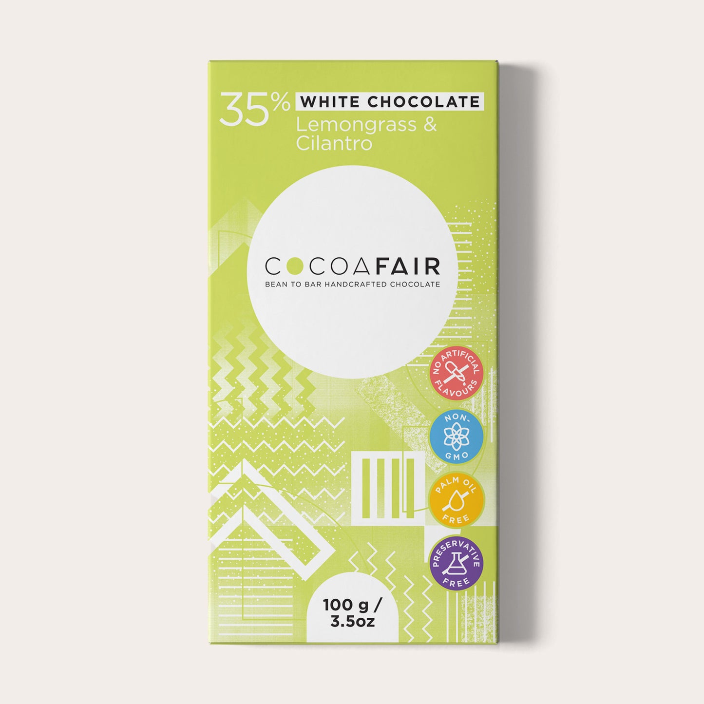 COCOAFAIR 100g 35% White Chocolate Packaging shot - Front view, Lime packaging on white background. Lemongrass & Cilantro flavoured chocolate