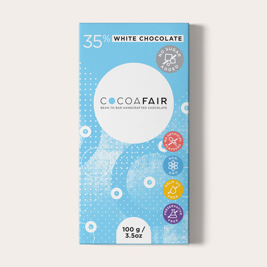 COCOAFAIR 100g 35% White Chocolate with No Added Sugar, Packaging shot - Front view, Blue packaging on white background. 