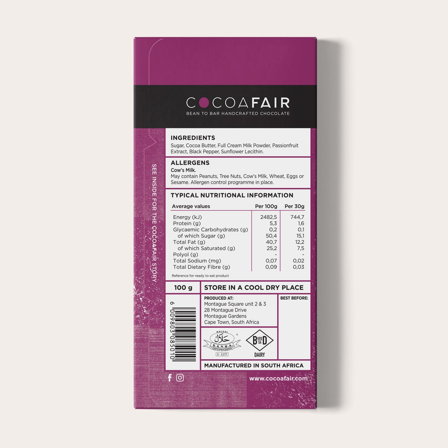 COCOAFAIR 100g 35% White Chocolate Packaging shot - Back view, Purple packaging on white background. Passionfruit & Black Pepper flavoured chocolate.