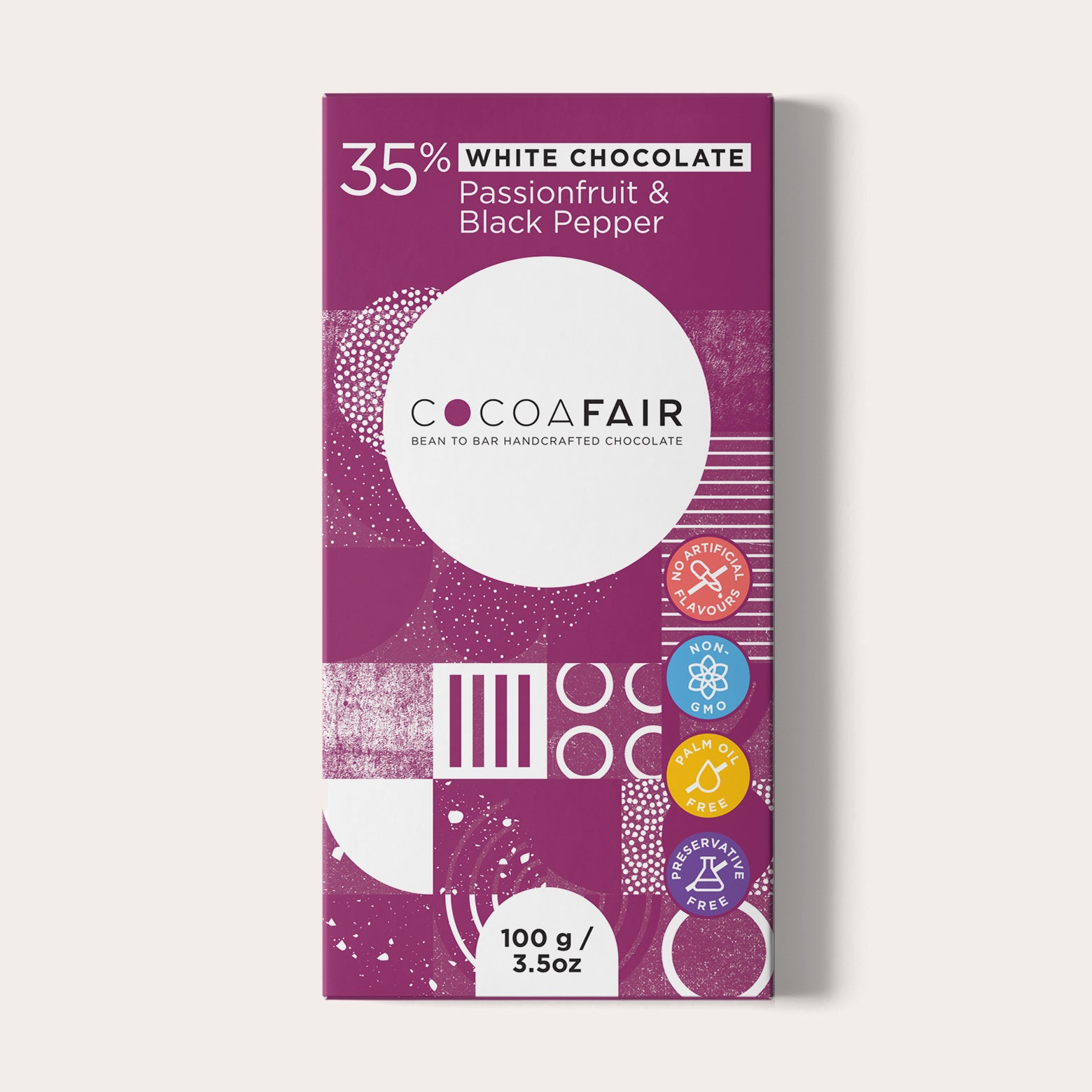 COCOAFAIR 100g 35% White Chocolate Packaging shot - Front view, Purple packaging on white background. Passionfruit & Black Pepper flavoured chocolate.