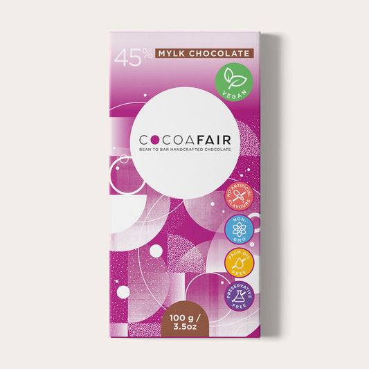 COCOAFAIR 100g 45% MYLK Chocolate Packaging shot - Front view, purple packaging on white background. Vegan Chocolate