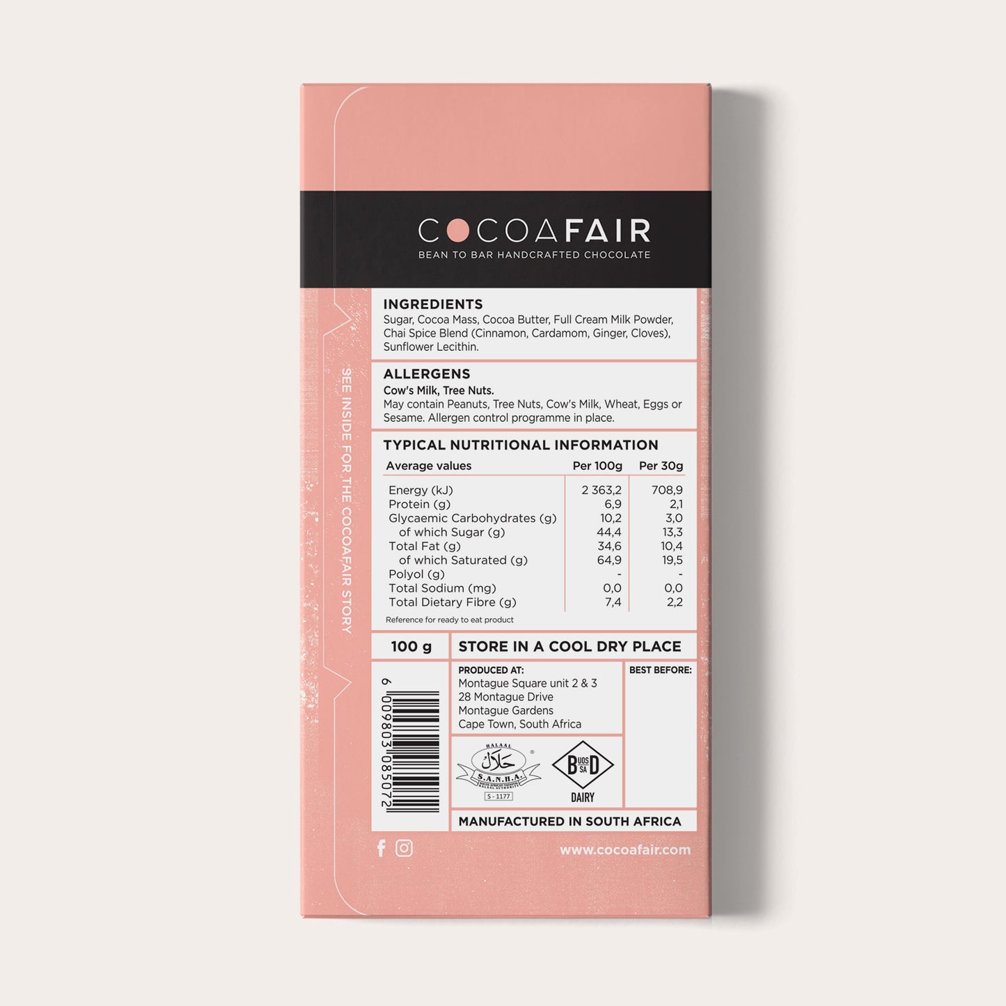 COCOAFAIR 100g 45% Milk Chocolate Packaging shot - Back view, packaging on white background. Chai flavoured chocolate