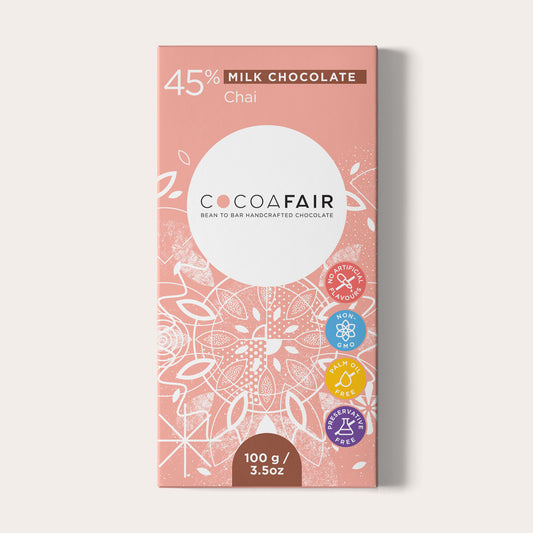 COCOAFAIR 100g 45% Milk Chocolate Packaging shot - Front view, packaging on white background. Chai flavoured chocolate