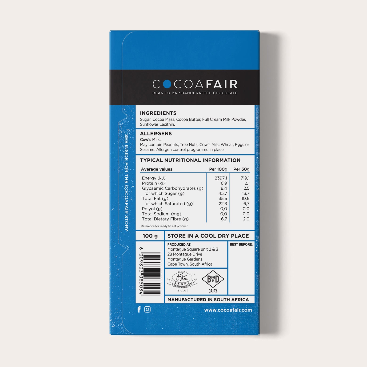 COCOAFAIR 100g 45% Milk Chocolate Packaging shot - Back view, Blue packaging on white background.