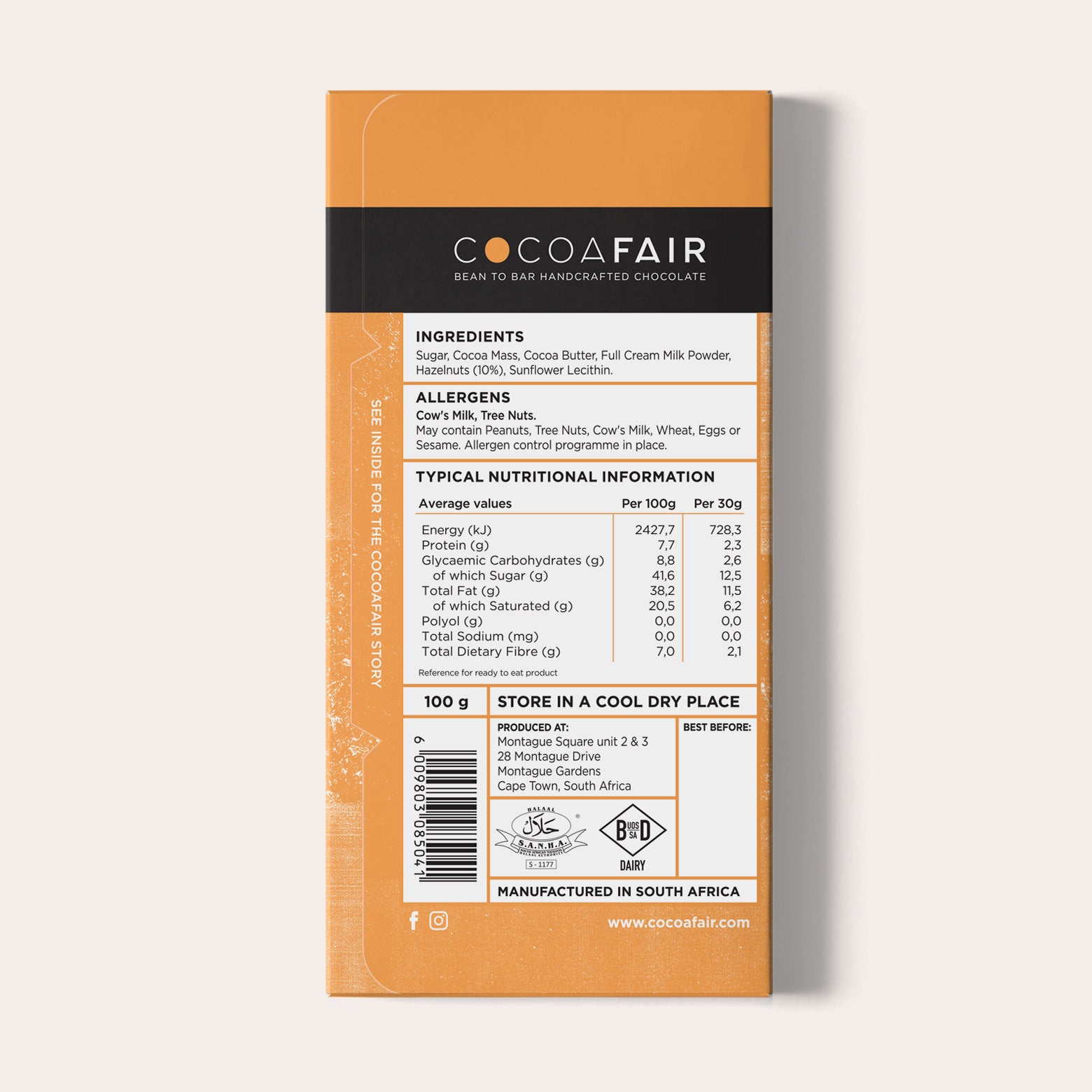 COCOAFAIR 100g 45% Milk Chocolate Packaging shot - Back view, Orange packaging on white background. Hazelnut flavoured chocolate