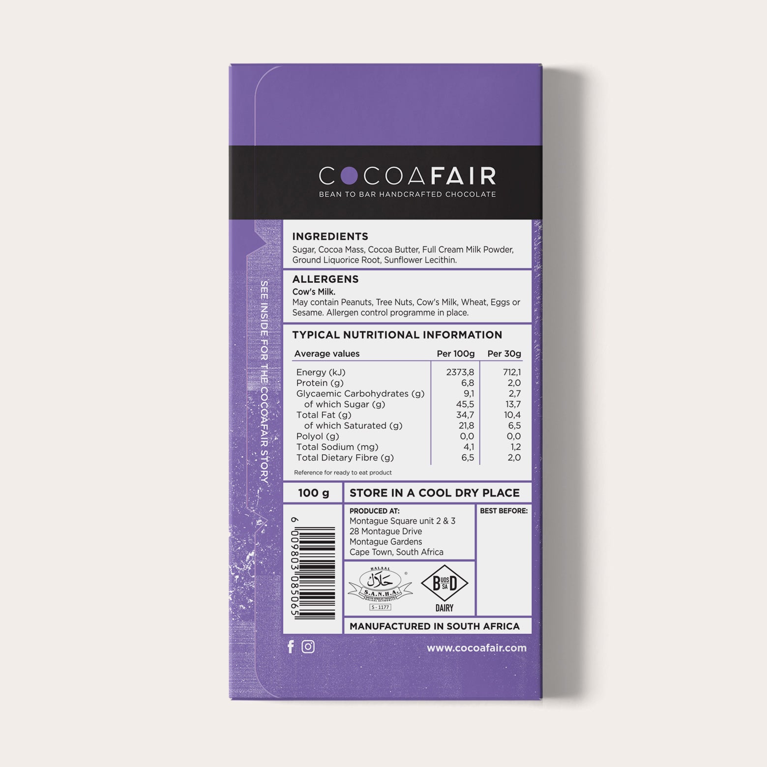 COCOAFAIR 100g 45% Milk Chocolate Packaging shot - Back view, Purple packaging on white background. Liquorice flavoured chocolate