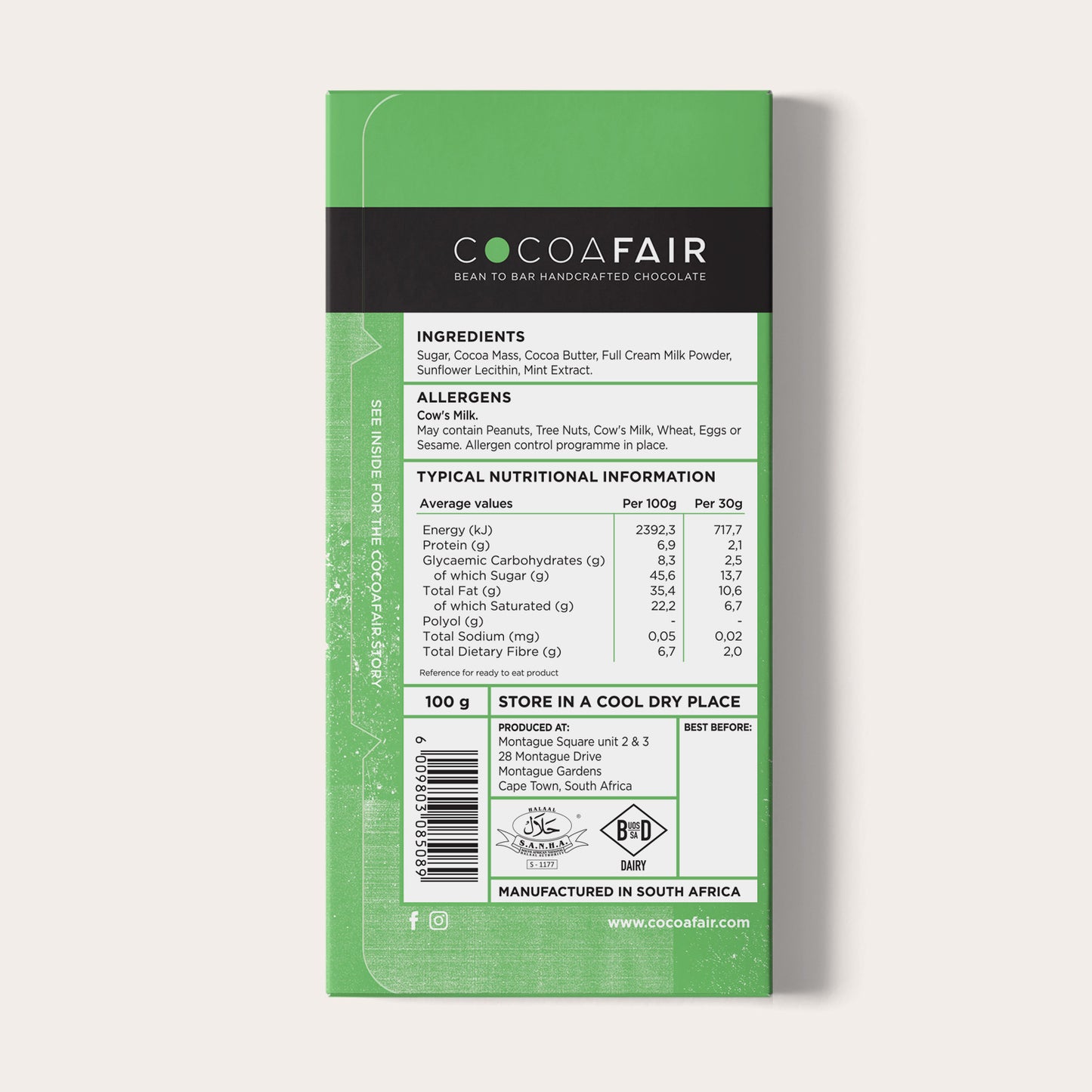 COCOAFAIR 100g 45% Milk Chocolate Packaging shot - Back view, Green packaging on white background. Mint flavoured chocolate