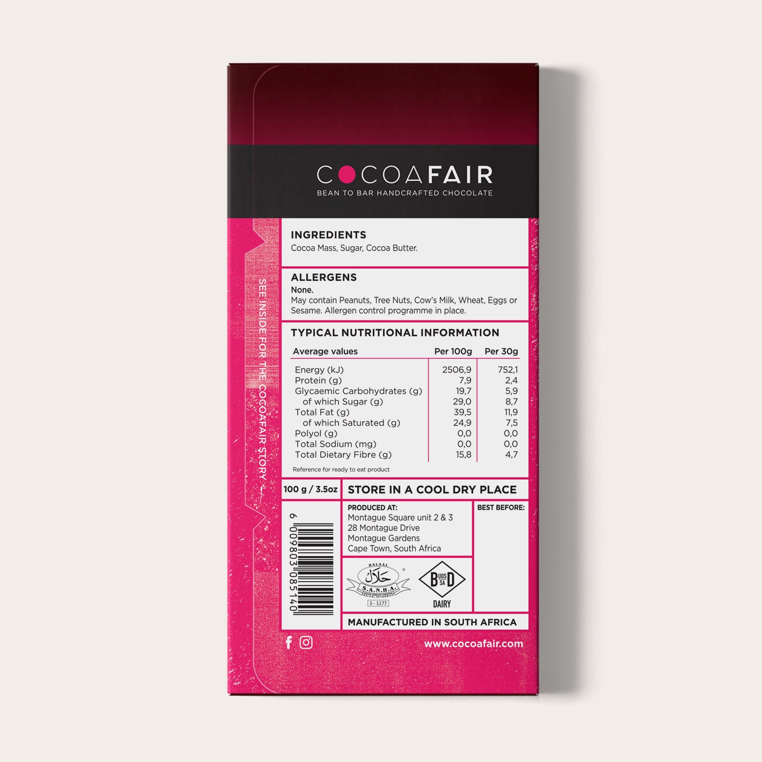 COCOAFAIR 100g 71% Dark Chocolate Packaging shot - Back view, Pink packaging on white background. 