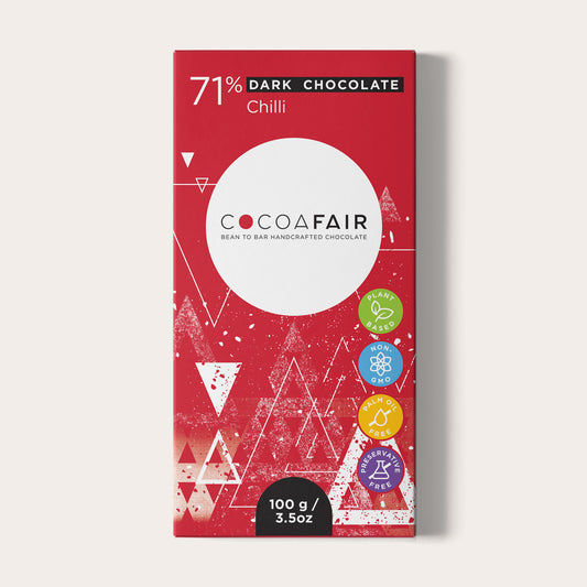 COCOAFAIR 100g 71% Dark Chocolate Packaging shot - Front view, Red packaging on white background. Chilli flavoured chocolate. 