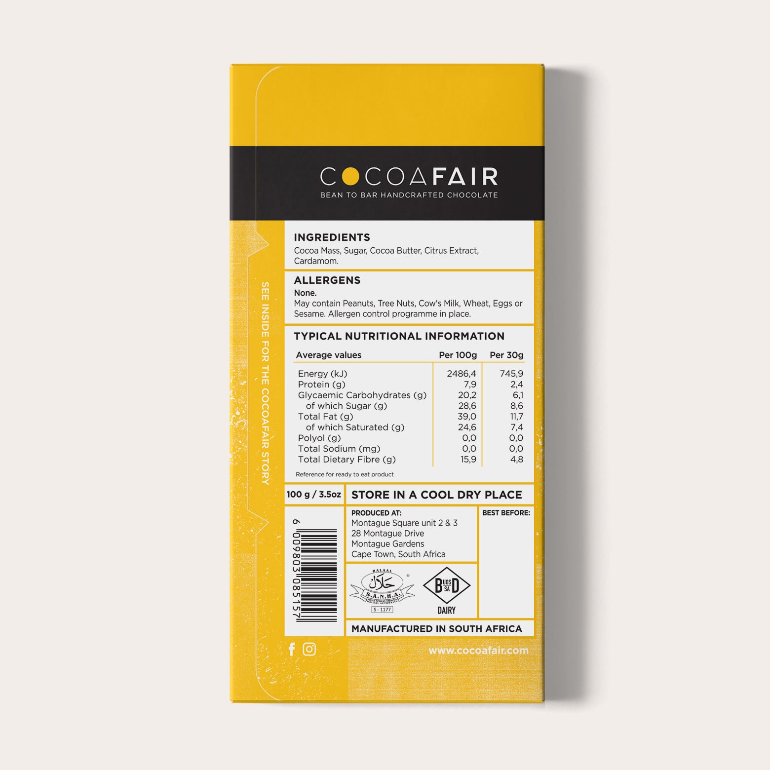 COCOAFAIR 100g 71% Dark Chocolate Packaging shot - Back view, Yellow packaging on white background. Citrus and Cardamom flavoured chocolate. 