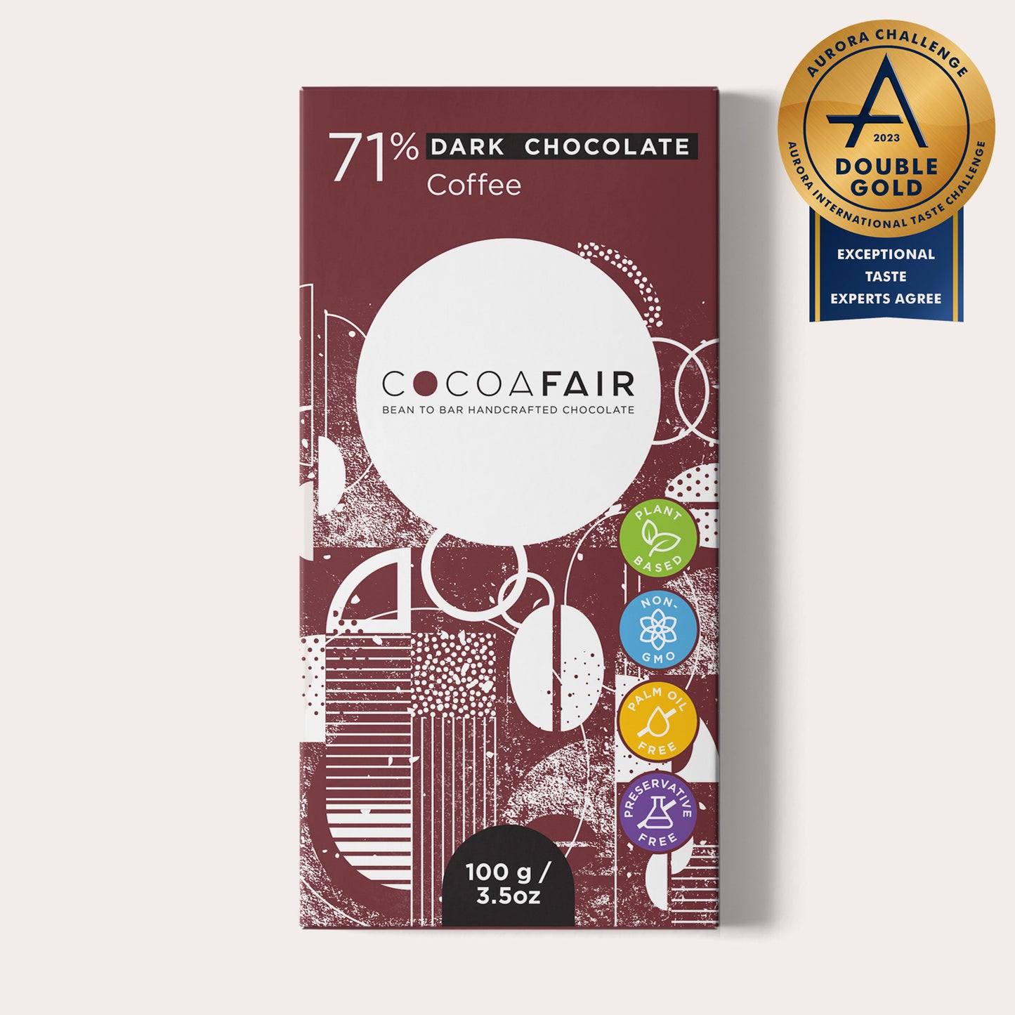 COCOAFAIR 100g 71% Dark Chocolate Packaging shot - Front view, Brown packaging on white background. Coffee flavoured chocolate. Double Gold award with Aurora Challenge