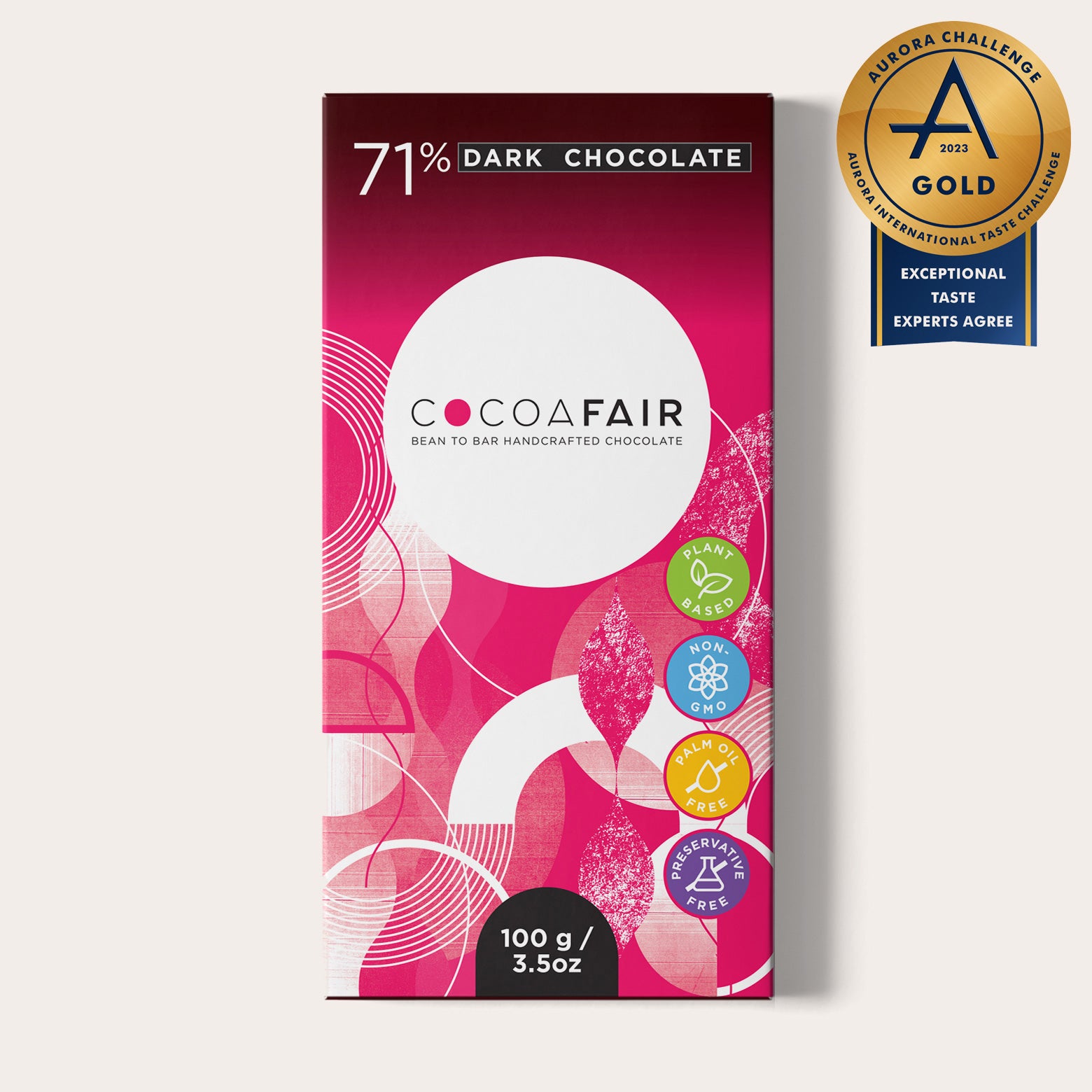 COCOAFAIR 100g 71% Dark Chocolate Packaging shot - Front view, Pink packaging on white background. Award winning Gold in the Aurora Challenge