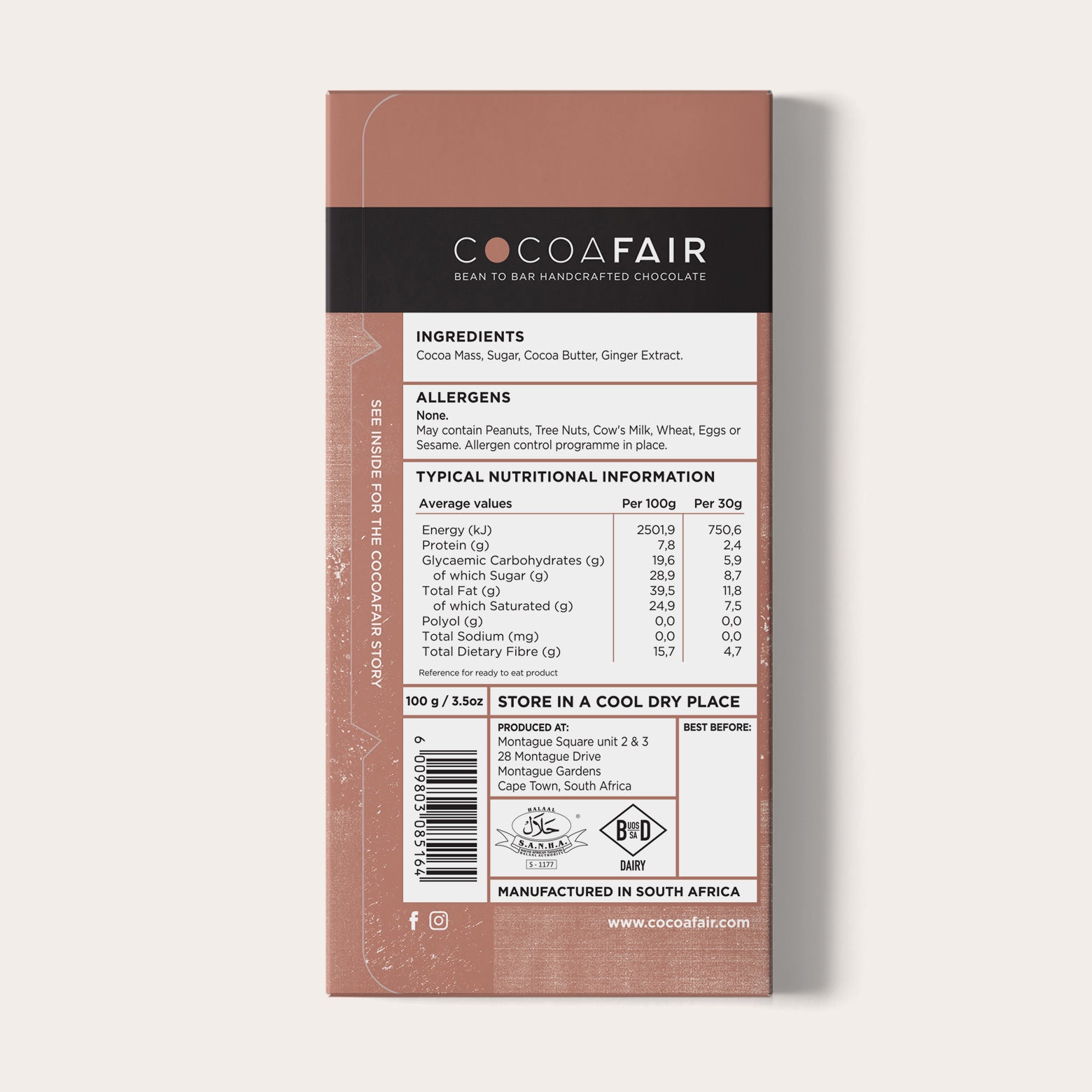 COCOAFAIR 100g 71% Dark Chocolate Packaging shot - Back view, Brown packaging on white background. Ginger flavoured chocolate