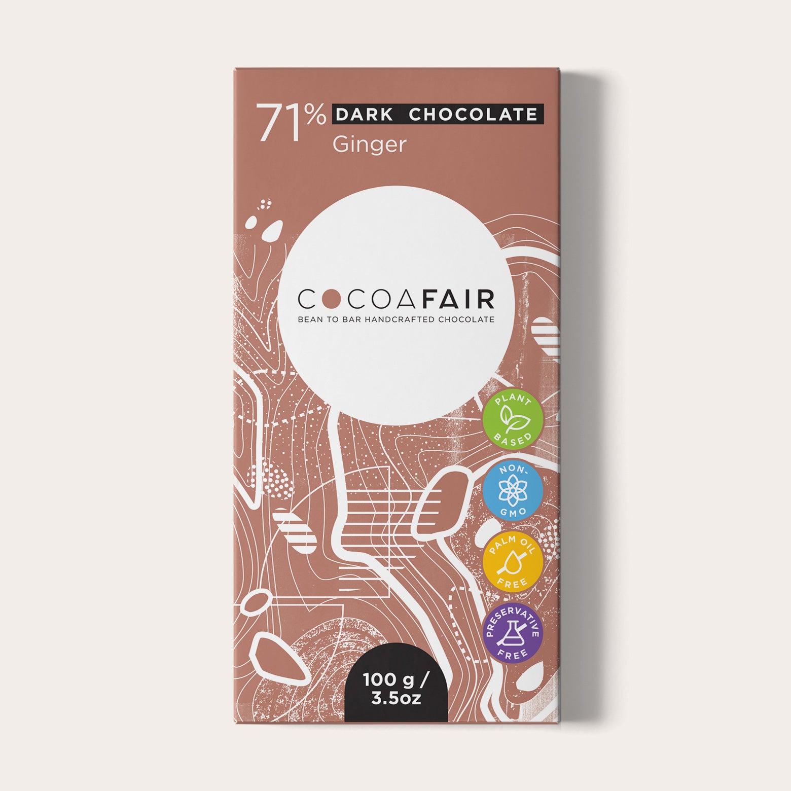 COCOAFAIR 100g 71% Dark Chocolate Packaging shot - Front view, Brown packaging on white background. Ginger flavoured chocolate