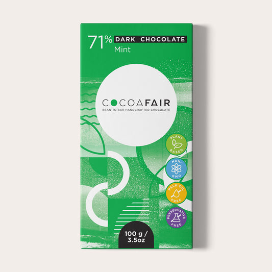 COCOAFAIR 100g 71% Dark Chocolate Packaging shot - Front view, Green packaging on white background. Mint flavoured chocolate