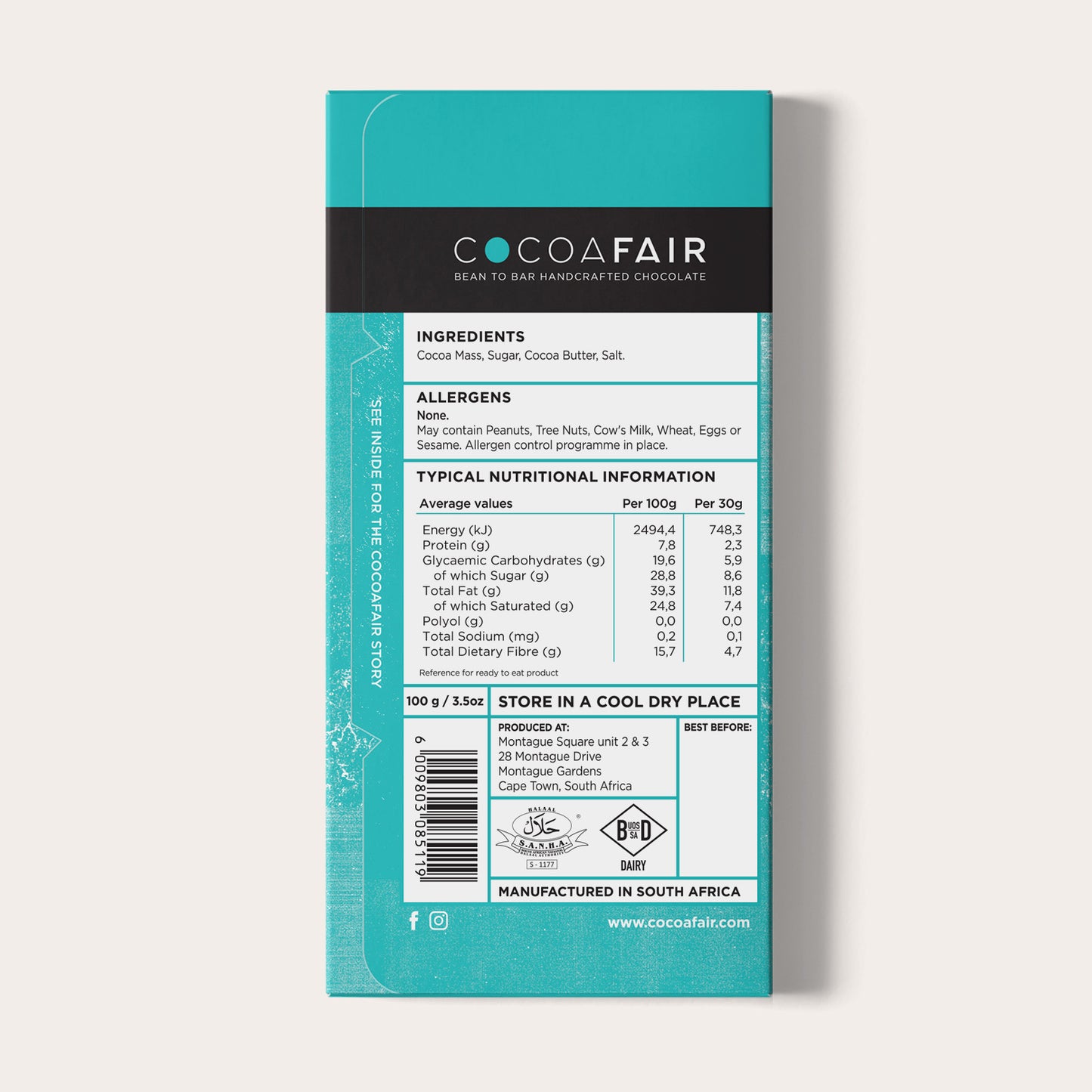 COCOAFAIR 100g 71% Dark Chocolate Packaging shot - Back view, Blue packaging on white background. Salt flavoured chocolate