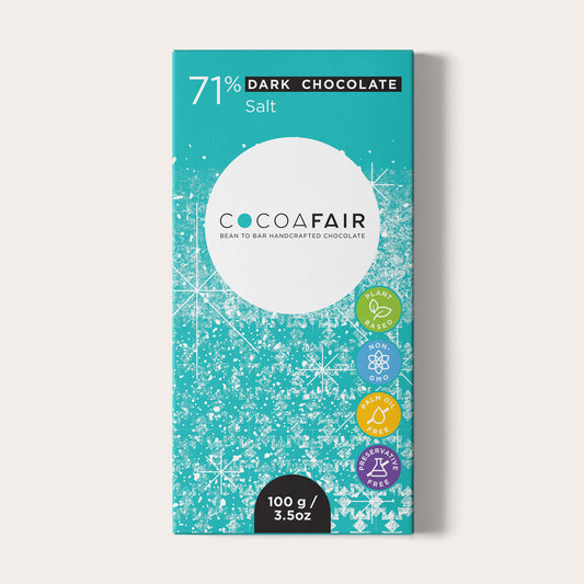 COCOAFAIR 100g 71% Dark Chocolate Packaging shot - Front view, Blue packaging on white background. Salt flavoured chocolate