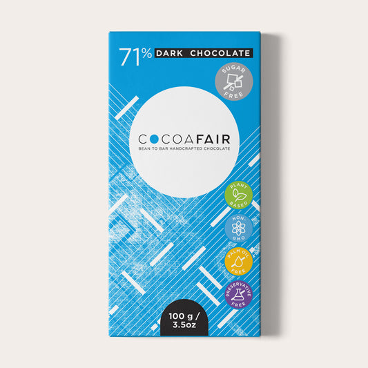 COCOAFAIR 100g 71% Dark Chocolate Packaging shot - Front view, Blue packaging on white background. Sugar free chocolate. 