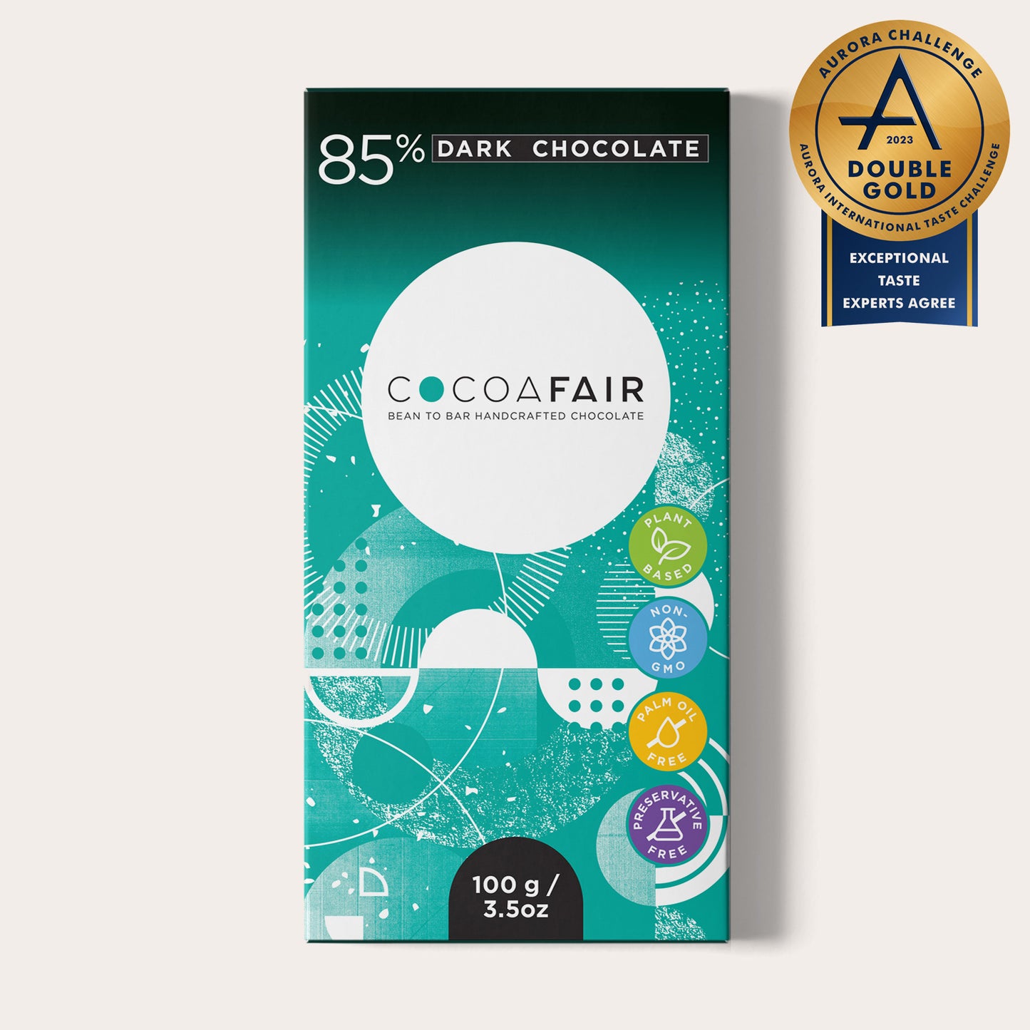 COCOAFAIR 100g 85% Dark Chocolate Packaging shot - Front view, Purple packaging on white background. Award winning Double Gold in the Aurora Challenge