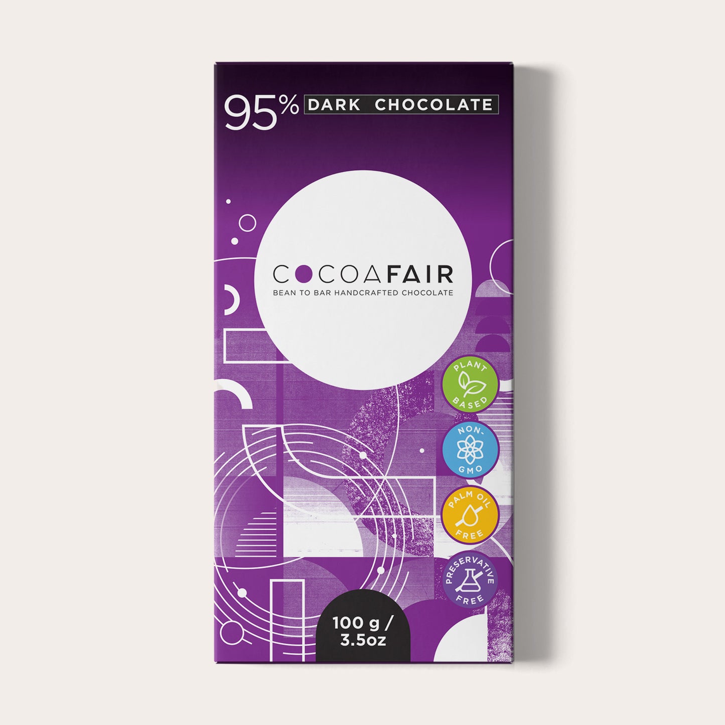 COCOAFAIR 100g 95% Dark Chocolate Packaging shot - Front view, Purple packaging on white background. 