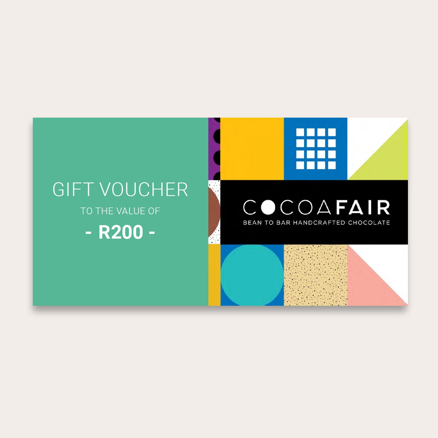 Digital card with text reading "Gift Voucher to the Value of R200" and cocoafair geometric pattern and logo