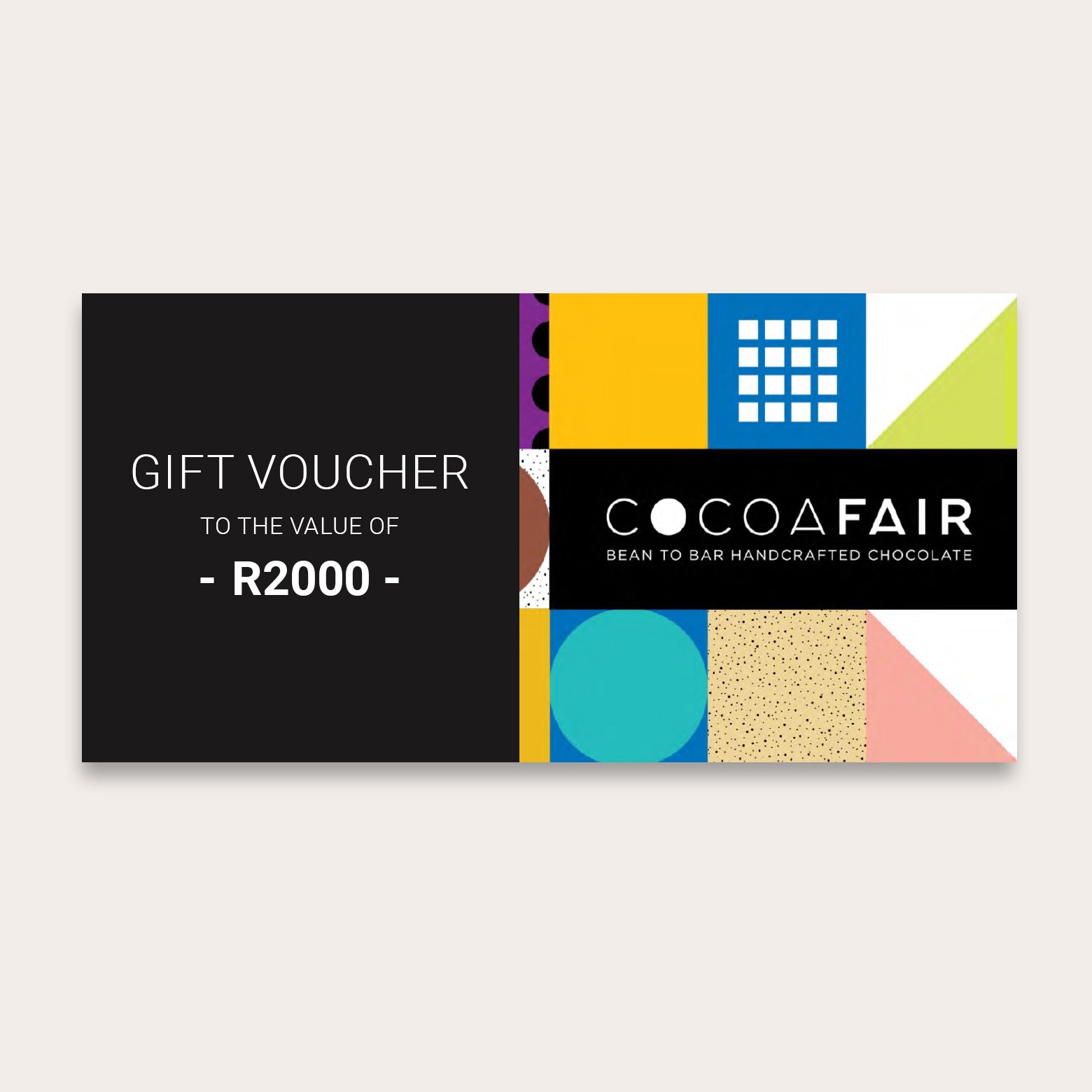 Digital card with text reading "Gift Voucher to the Value of R2000" and cocoafair geometric pattern and logo