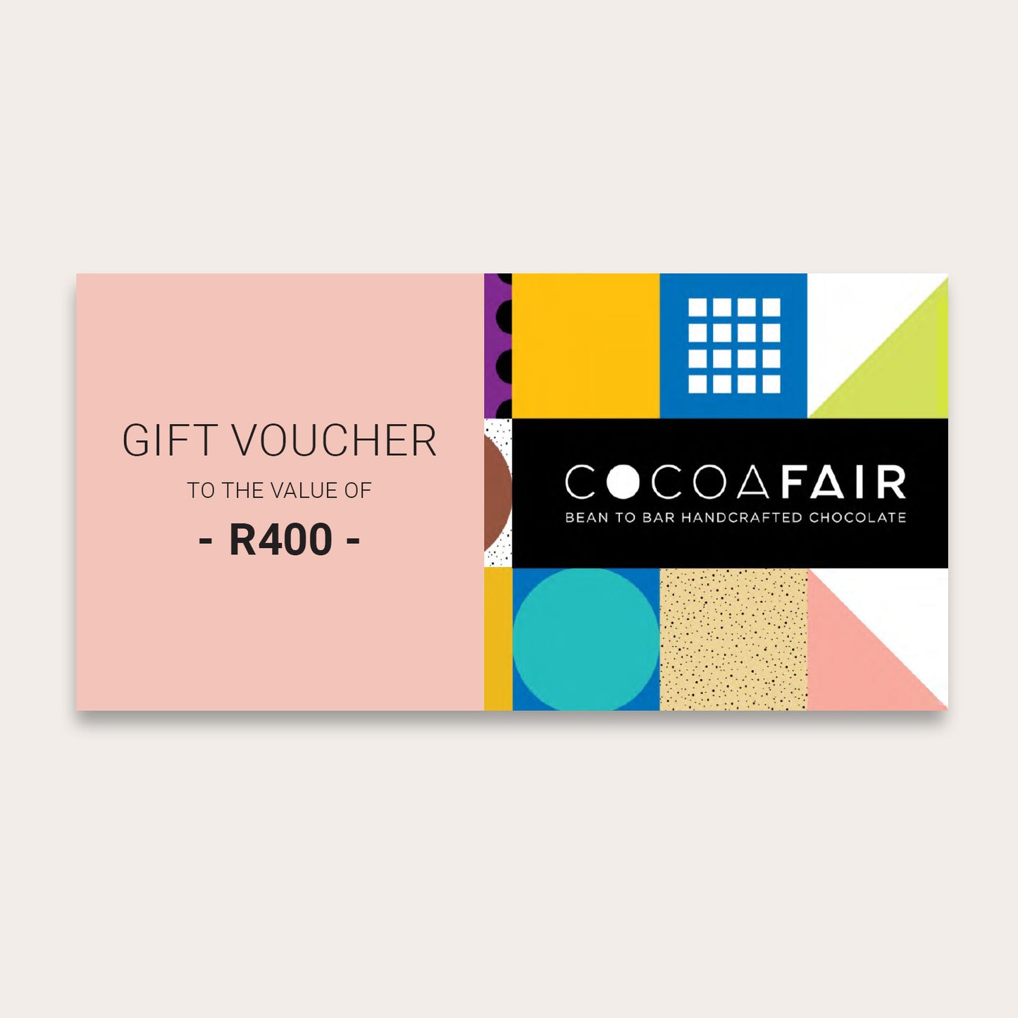 Digital card with text reading "Gift Voucher to the Value of R400" and cocoafair geometric pattern and logo